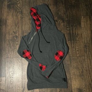 Cowl Neck Hoodie with Buffalo Plaid Details